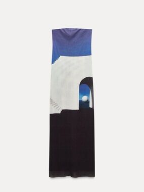 Zara Tulle Print Maxi Dress in Blue, White & Black